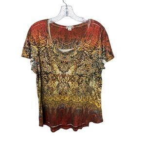 World Unity XL Multicolor Paisley Snake Print Short‎ Sleeve Top Boho Stretch Tee